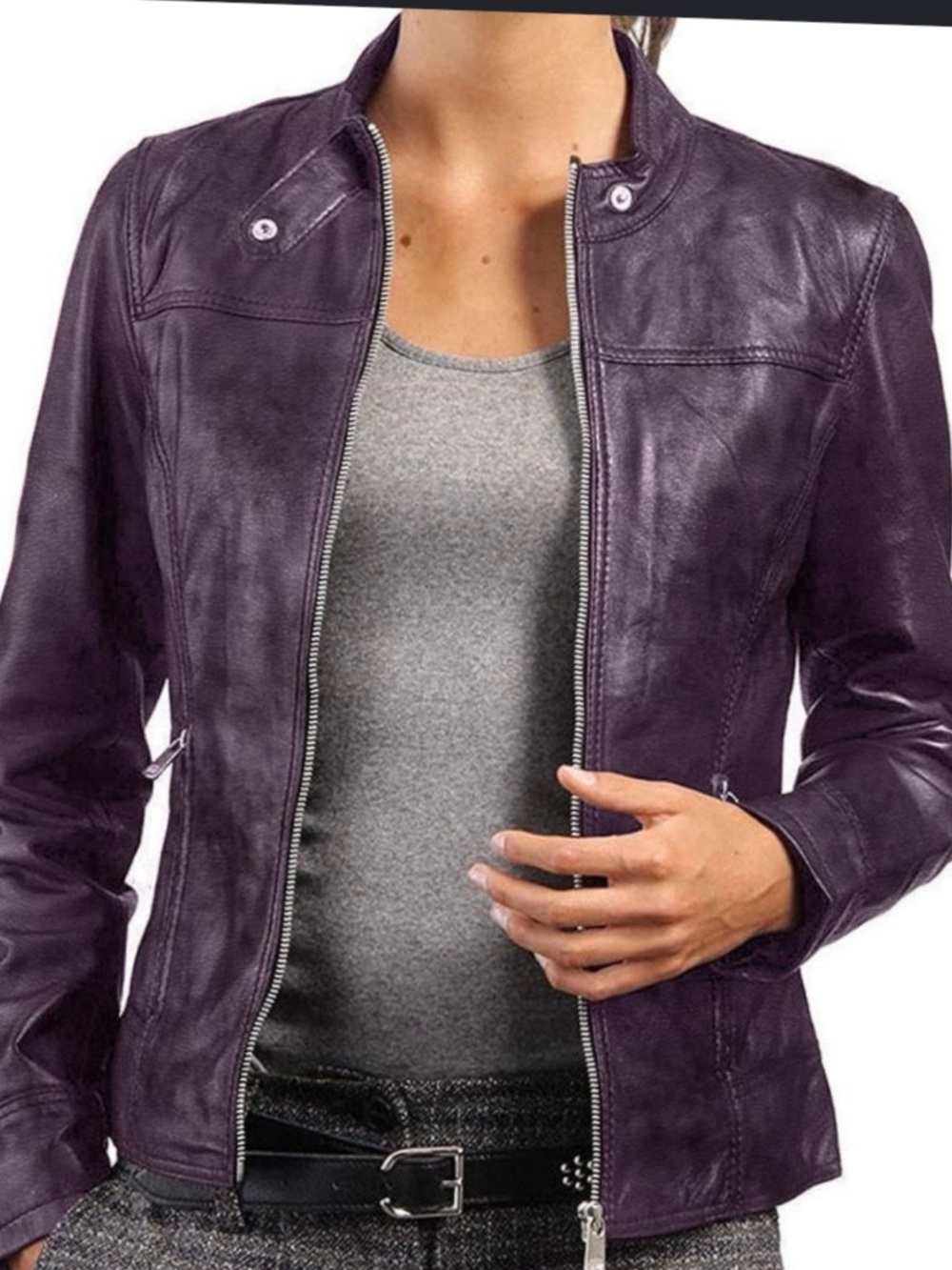 Women's Purple Leather Zip-Front Jacket by